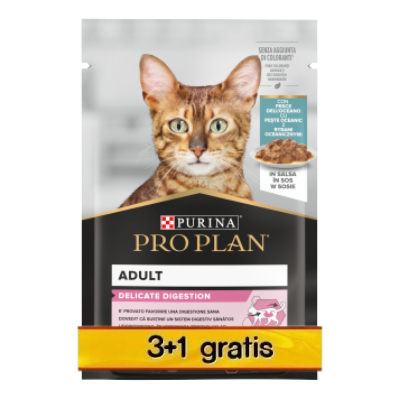 Purina Pro Plan Delicate con pesce per gatti 4x85g (3+1 GRATIS)